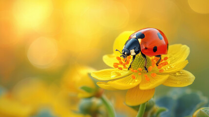 Fototapeta premium Vibrant ladybug on a red flower petal, a burst of nature's lively harmony, Ai Generated.