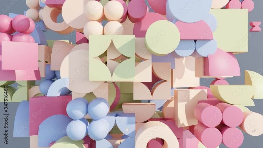 Poster abstract 3d animation with various geometric shapes: minimalist seamless geometric render