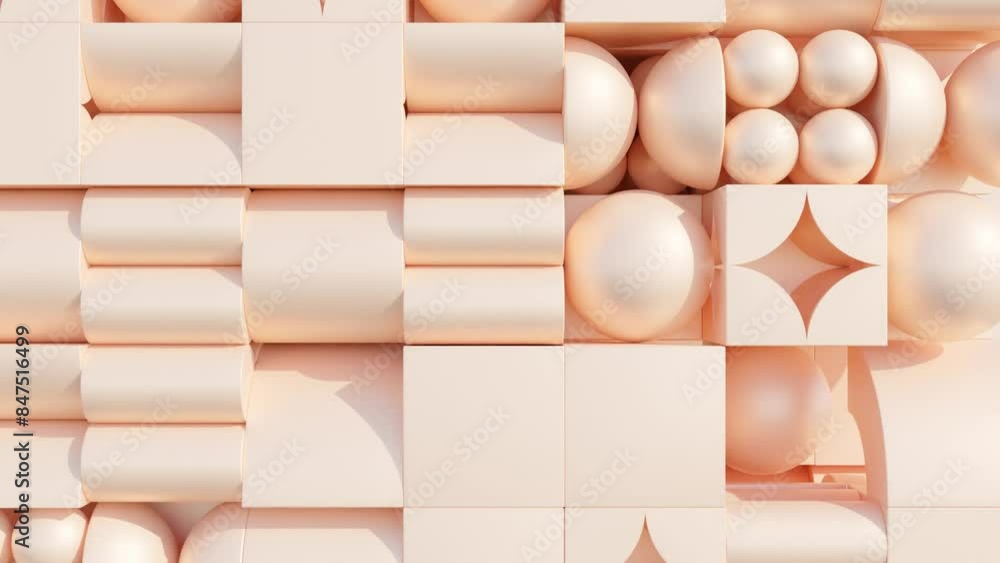 Poster abstract 3d motion loop with various geometric shapes in peach color: seamless geometric background 