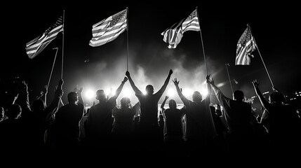 Political rally - large crowd - American flag - polarization - black and white photo 