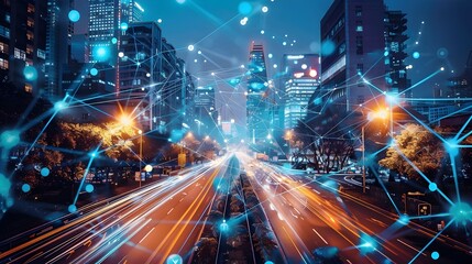 Futuristic Cityscape with Intertwining Communication Network and Bustling Streets