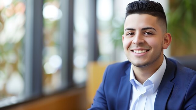 Smiling Handsome Young Business Man Looking At Camera In Office Headshot Close Up Corporate Portrait Happy Latin Businessman Male Entrepreneur Professional Manager Or Company Employee  : Generative AI