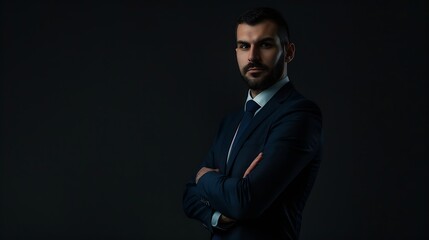 Fototapeta premium Portrait of businessman standing on black background isolated Serious business man : Generative AI