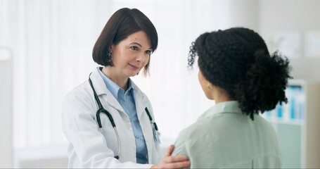 Hospital, consulting and doctor and patient for comfort, empathy and support for diagnosis results....