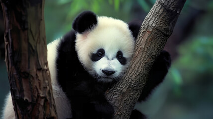 cute baby panda lying on a wooden structure, looking at a camera. its fur is fluffy and soft, and the background includes green foliage, adding to the natural and tranquil atmosphere