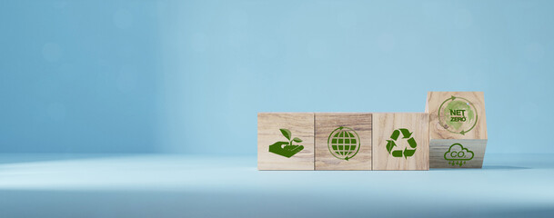 2050 year, Net zero and carbon neutral concept. CO2 reducing icon print screen on wooden and world...