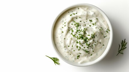 Top view of ranch dressing, rich creamy texture with herb flecks, in a simple bowl, isolated on white, studio lighting for a professional advertisement