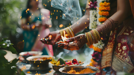 Fototapeta premium A woman is holding a lit candle in her hand while surrounded by bowls of food