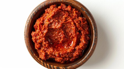 Top view of Harissa, rich red paste with spices, in a traditional Moroccan dish, isolated background, sharp studio lighting