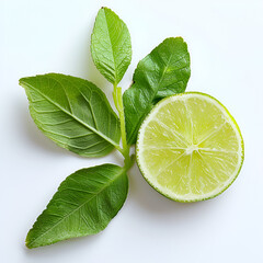 Isolated of Lime Leaves Glossy Green Citrus Leaves Floral Ci Top View Shot on White Background, Fresh lemon with green leaves isolated on white background generate ai

