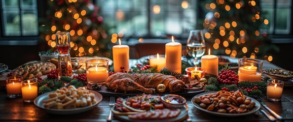A Christmas Table With Food And Aromatic Candles, Festive And Cozy, HD