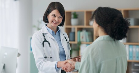 Fototapeta premium Healthcare, hello or girl and doctor with handshake in office for surgery, agreement or support. Hospital, service and client shaking hands with surgeon for medical plan, approval or treatment trust