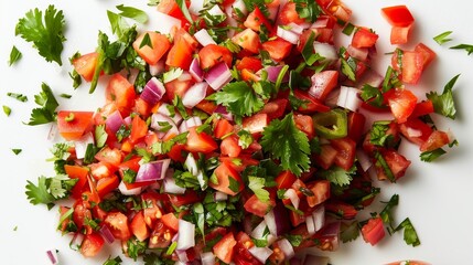 Top view of a vibrant salsa, fresh tomatoes, onions, chilies, and cilantro, finely chopped and mixed, on a white isolated background with studio lighting