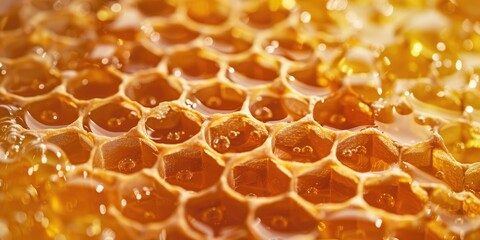 Close-up of golden honeycomb filled with honey