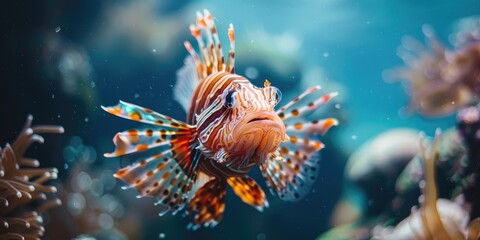 An exotic lionfish is seen swimming among plants with its striking striped fins displayed beautifully