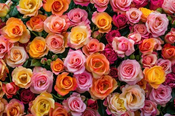 Fototapeta premium Close-up of beautiful, lush pink and orange roses, illustrating a romantic and vibrant floral pattern