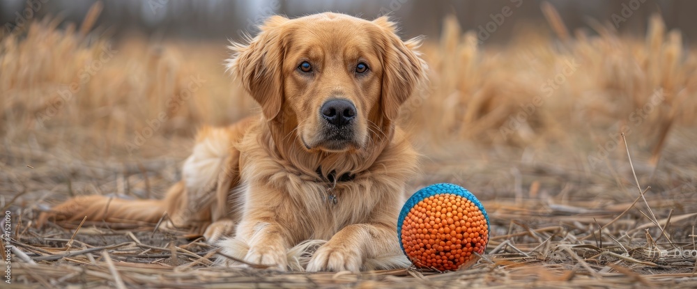 Wall mural A Curious Golden Retriever Fixated On A Vibrant Orange And Blue Ball At The Lively Dog Park, HD - Wall murals