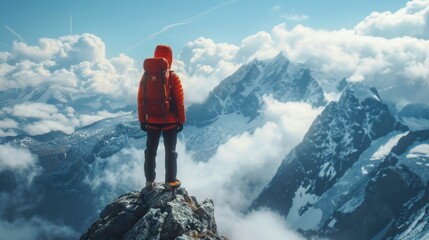 Image of young man mountaineer standing atop of rock