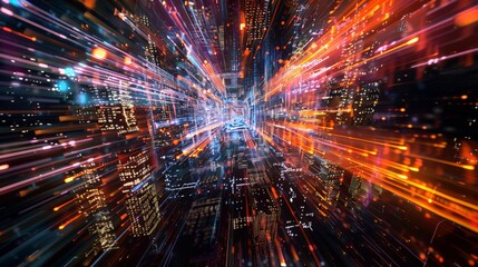 Fototapeta premium Abstract urban night scene with bright streaks of colorful lights creating a dynamic, futuristic cityscape visual effect.