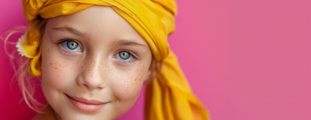 Close-up shot, International Childhood Cancer Day, child smiling warmly, detailed yellow head scarf, vibrant pink background, photorealistic style, soft lighting, heartwarming aura