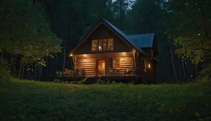 Modern cozy chalet in the woods at night Wooden chalet in the forest