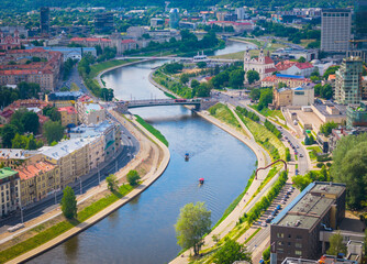 Vilnius, Lithuania. Aerial view of new city center with skyscrapers. Panoramic drone photo