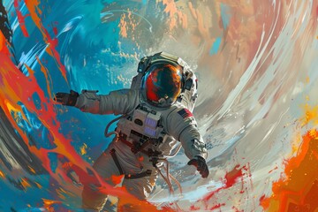 Obraz premium Astronaut floating in space, vibrant abstract colors, cosmic adventure, futuristic exploration, science fiction concept.