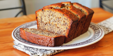 Homemade banana bread slices on decorative plate