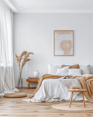 Minimalist bedroom in warm tone with minimal furniture, natural lighting and copy space. Interior design home composition.