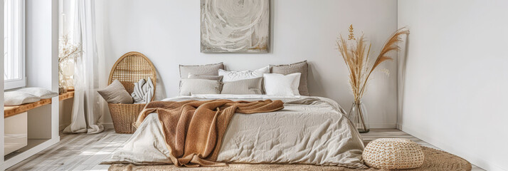 Minimalist bedroom in warm tone with minimal furniture, natural lighting and copy space. Interior design home composition.