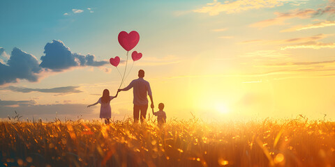 Fototapeta premium Family Holding Heart Balloons in Sunset Field Parents and Children with Heart Balloons in Nature