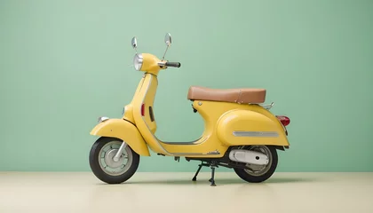 Fotobehang A yellow vintage scooter with a retro design against a mint green background © amara444
