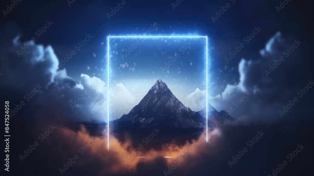 Poster abstract picture of geometric shape portal or frame with colorful light set against in dark blue ton