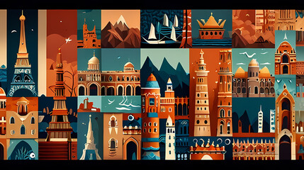 Background Illustration a collage of iconic landmarks