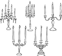 Ilustración de velas dibujadas a mano. Juego de porta velas decorativo. Boceto de candelabro vintage. Clip art de velas