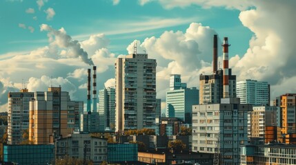 Obraz premium Cityscape with Smoke Stacks and Fluffy Clouds