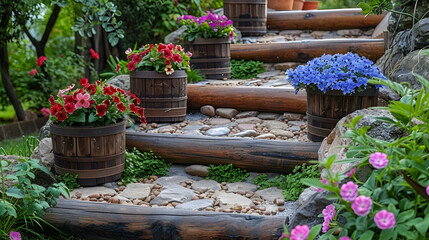 garden dreams  - stairs made of logs between flowerbeds