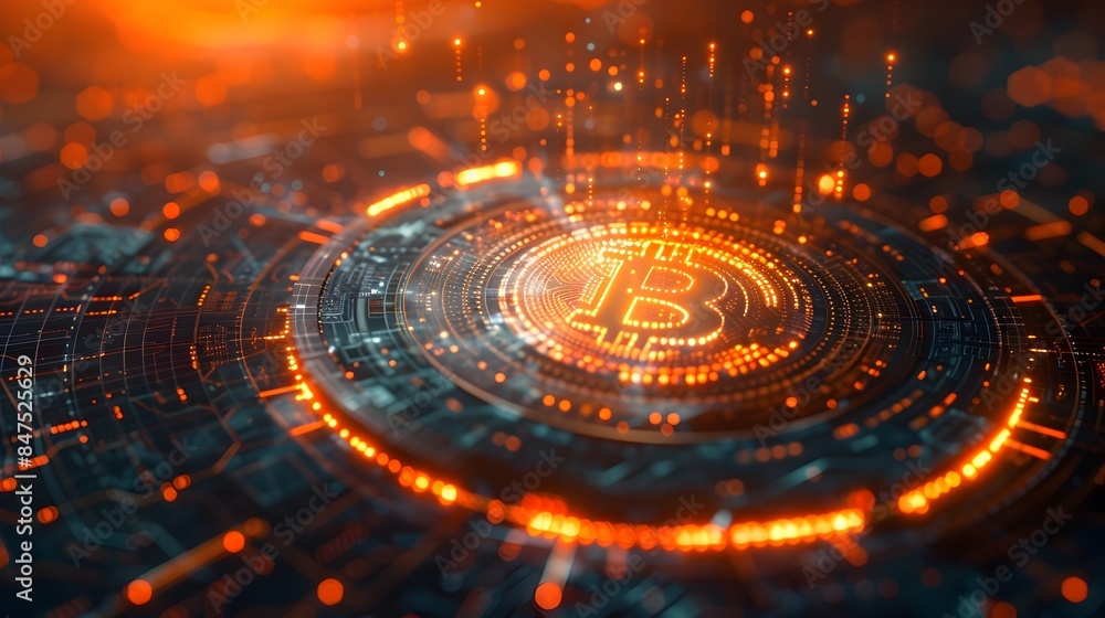 Poster mesmerizing golden bitcoin floating in a digital realm of futuristic allure