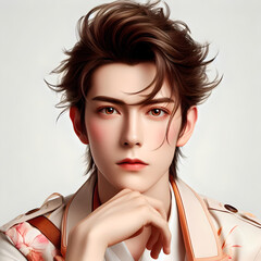 Handsome young man with stylish, tousled hair, resting his chin on his hand, looking directly at the camera. Dressed in a floral-patterned jacket.