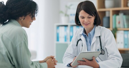 Healthcare, tablet and doctor with patient for consulting, medical service and help in clinic....