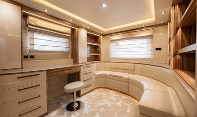 Luxurious cream and natural wood dressing room, sleek and sophisticated