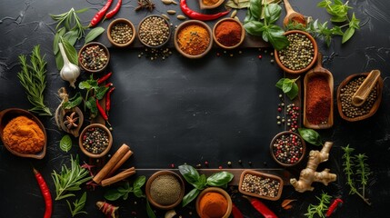 Assorted Fresh Herbs and Spices Arranged on Rustic Dark Stone Surface