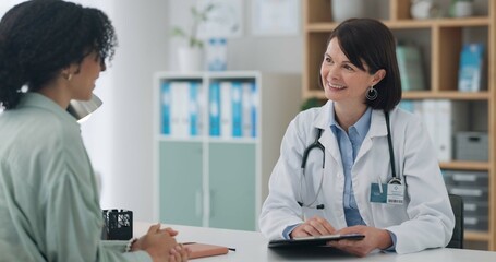 Fototapeta premium Hospital, tablet and happy doctor with patient for consulting, medical service and help in clinic. Healthcare, telehealth and people on digital tech for diagnosis, online results and insurance