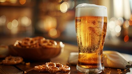 Light beer in a glass on a table, with a bowl of pretzels and a napkin, studio lighting highlighting the clarity of the beer