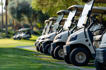 Row of parked golf carts at a course, awaiting players