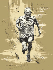 Old Marathon Runner Feeling Great in Sketch Style