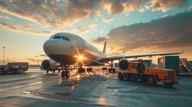 Air cargo logistic containers are loading to an airplane. Air transport shipment prepare for loading to modern freighter jet aircraft at the airport.