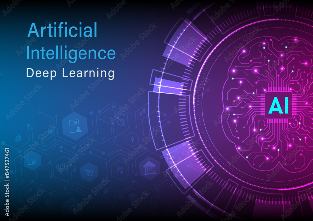 Poster abstract background future technology of artificial intelligence learning tech circle and brain with