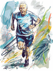 Old Marathon Runner Feeling Great in Sketch Style