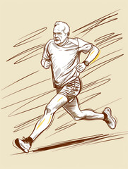 Old Marathon Runner Feeling Great in Sketch Style